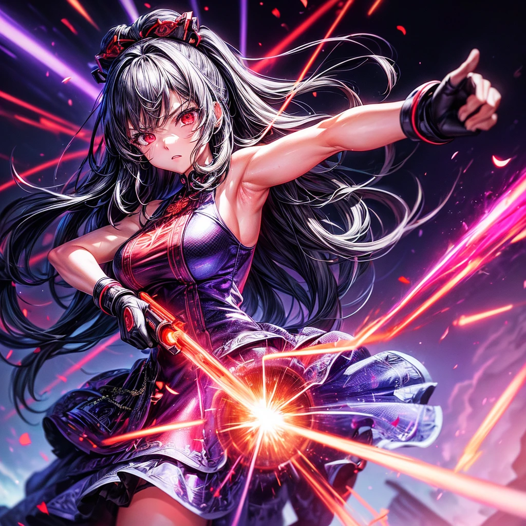 1girl、(((Highest quality、Masterpiece、Official Art、The best dynamic composition、超detailed)))、Powerful facial expressions、anger、Gray Hair、Red-eyed anime girl holding a gun in front of a purple and red background,  Red eyes glow, Red lasers, Red laser, Best anime 4K Kona-chan wallpapers, Laser Wipe, With glowing red eyes, Highest quality、Super huge、detailed、whole body、