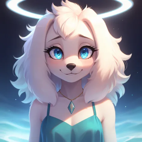 Fay Spaniel, Elegant Chiffon top, white hair, curly hair, halo, sunglasses, jewelry, aqua eyes, longeyelashes, aqua eyes, smile,...