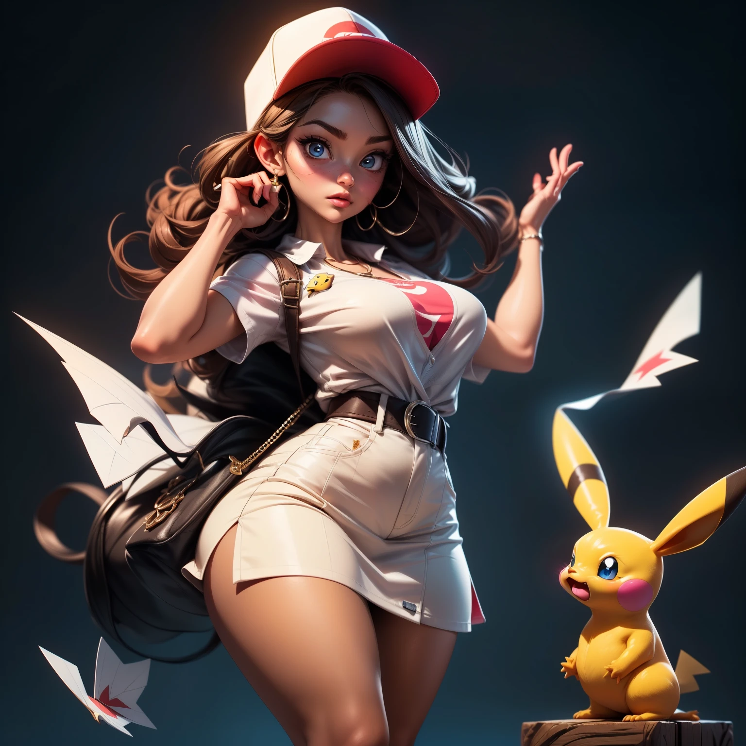 (masterpiece, best quality)), jessie, pokemon,white top with red letter R, white skirt, pikachu background,sexy,curvy body,detailed face,perfect eyes,detailed hands,hands up,light background,mix of fantasy and realistic elements,vibrant manga,uhd picture , crystal translucency, vibrant artwork,jessie\(pokemon\) photoreapistic, photo, , realistic,wo_p3rfb0dy01