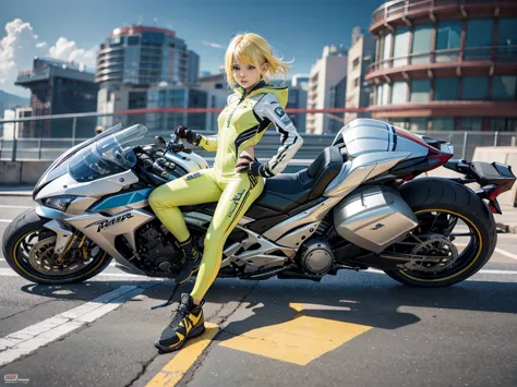 Thunder backdrop, thunder ranger, loli face, small breast, tight suit, speedy thunder, alien weapons , yellow hair