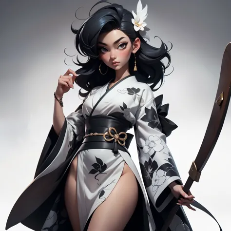 Wait warrior sexy, pretty face, Delicious Company, Alluring figure, Wearing a sexy open kimono. The artwork is created in a medi...