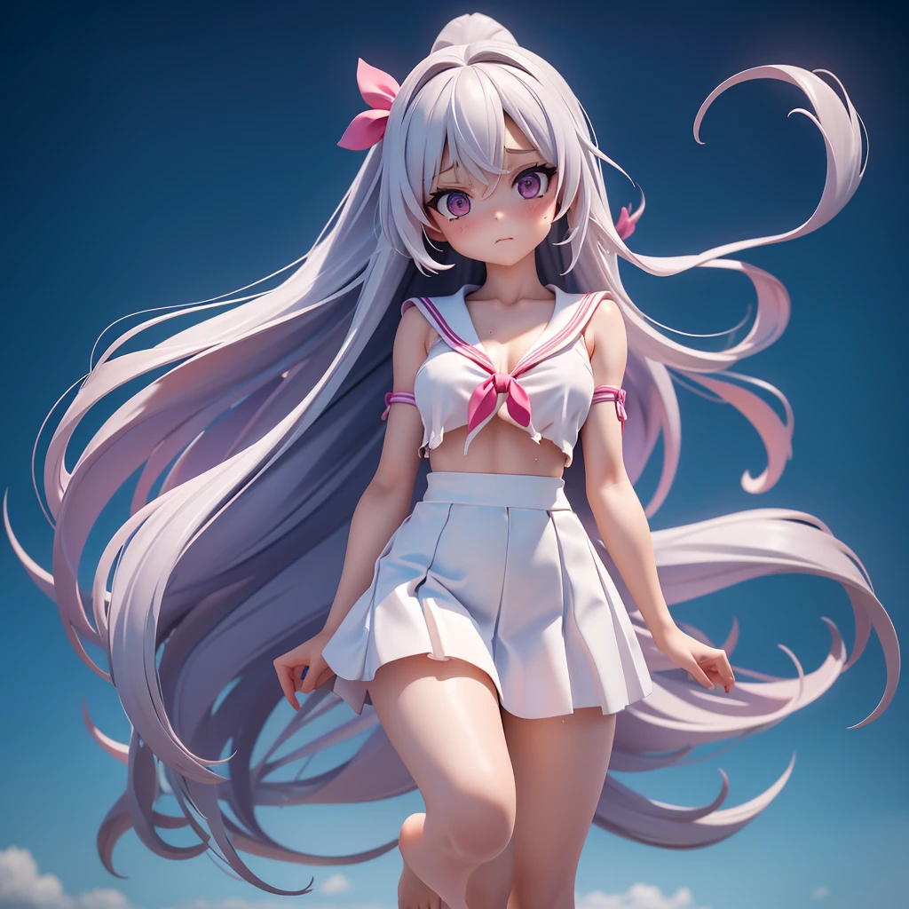 One girl, Long Hair, barefoot, 1 Mini Giantess Mini Giantess (feminine, Losing weight, sexy, Torn clothes, Sweat), (Medium Chest: 1.5) Looking down, Dynamic pose,   Sailor suit、Long skirt, Anxious face (Highly refined skin),  Detailed face, 8K Ultra HD, Soft Light, high quality, Full body portrait.Strong winds