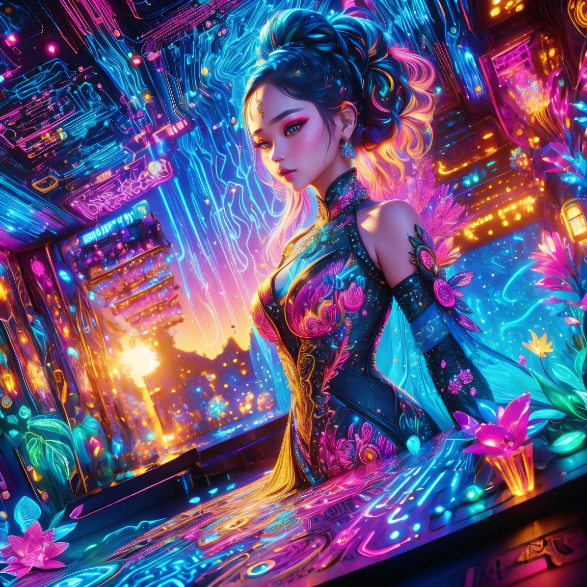 (neon)，circuit board，(1 girl:1.3)，(beautiful girl:1.2)，extremely detaild，(Fractal Art:1.2)，colorfully，the most detailed，(zentangle neon:1.2)，(dynamic poses)，(neon几何背景:1.5)，(red wedding dress:1.2)，(shining skin)，(many colors:1.4)，black art，(magic shape，face highlight)，chic，texture，Light and Shadow Art，sun on face，Cardamom age，(Exquisite and perfect behavior:1.3)，(to dream)，(ultra HD, work of art, precise, anatomically correcte, texturized skin, high détail, high qualiy, The awardee, 8K)