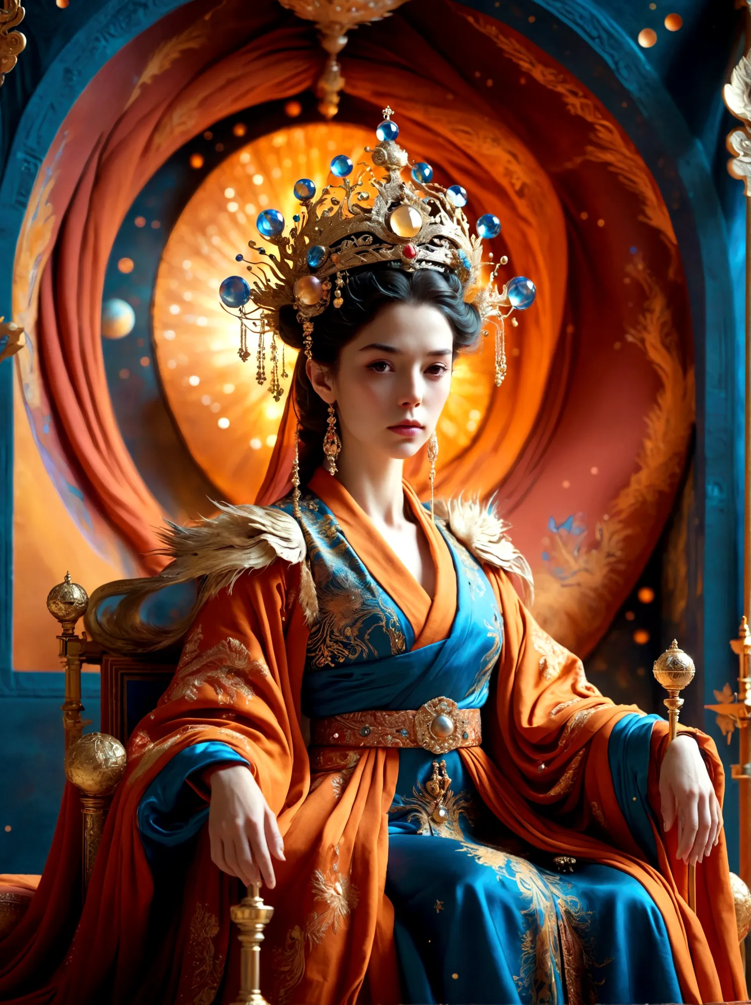 (Queen in mythology:1.3)，A royal figure in a lavish robe, adorned with a large crown, is seated on a throne, The setting is othe...