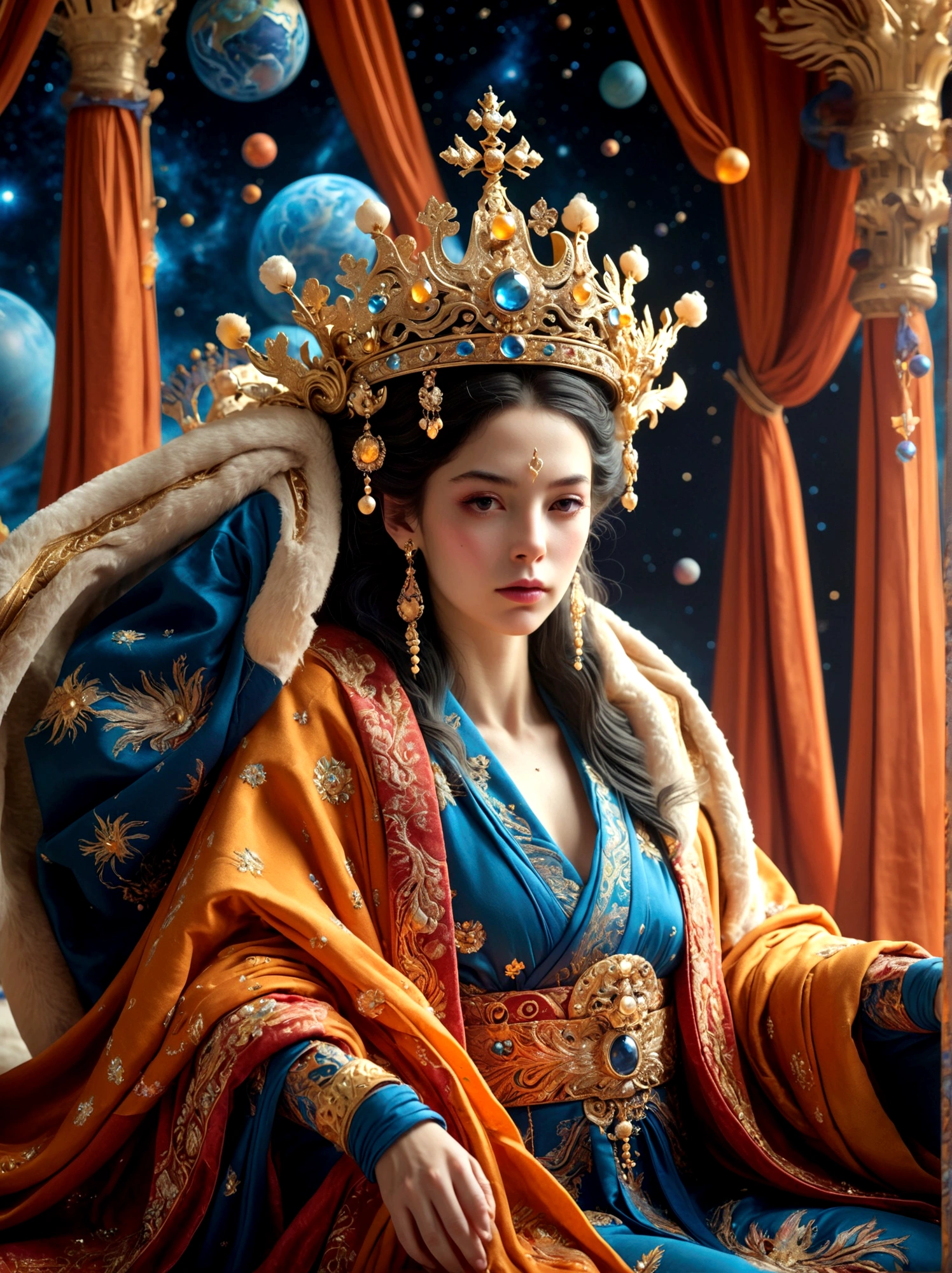 (Queen in mythology:1.3)，A royal figure in a lavish robe, adorned with a large crown, is seated on a throne, The setting is otherworldly and surreal, located in the vast expanse of space, The figure is perched on a miniature planet that's enveloped entirely by the rich fabric of the robe, reflecting an element of royal extravagance