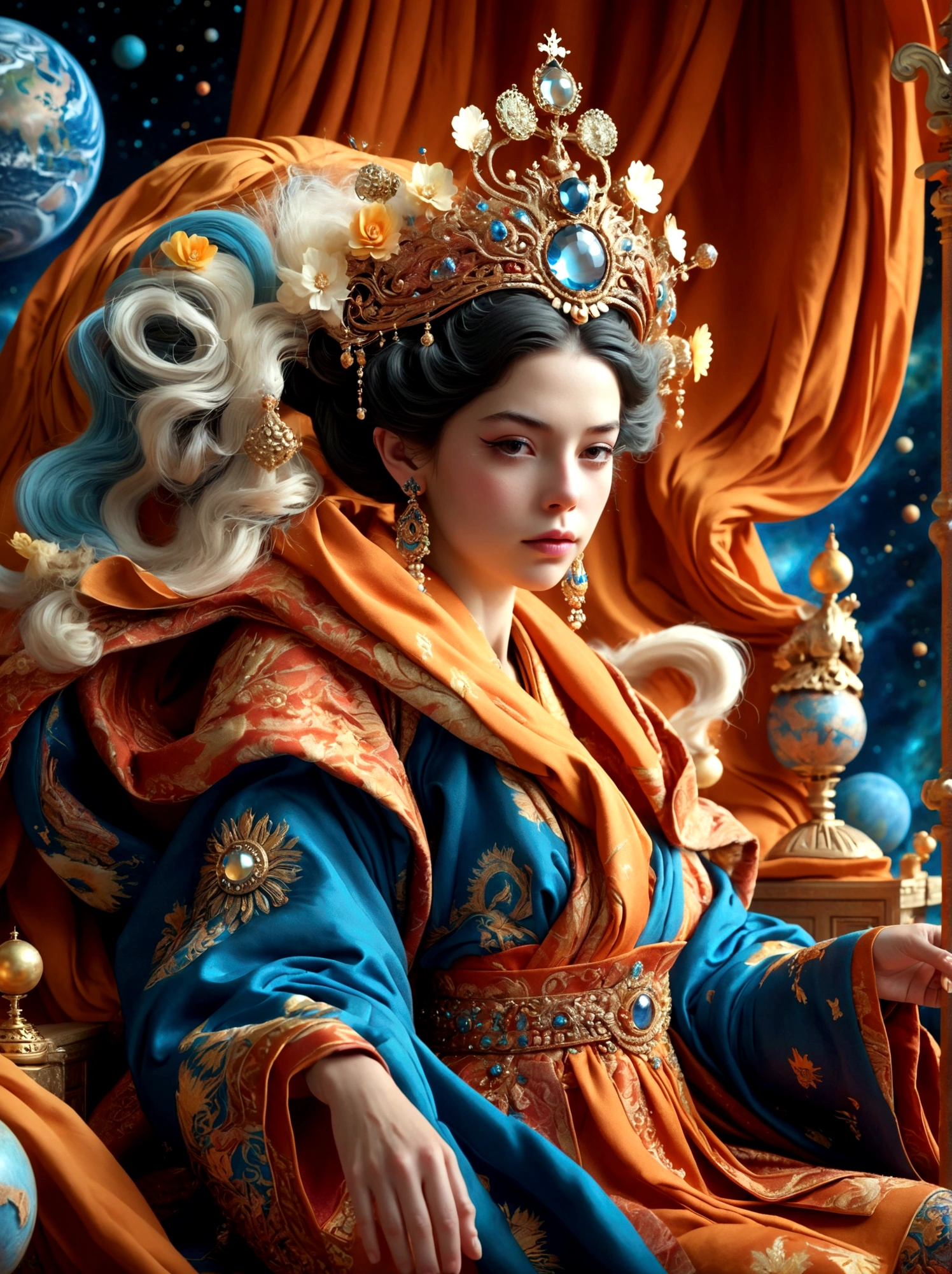 (Queen in mythology:1.3)，A royal figure in a lavish robe, adorned with a large crown, is seated on a throne, The setting is otherworldly and surreal, located in the vast expanse of space, The figure is perched on a miniature planet that's enveloped entirely by the rich fabric of the robe, reflecting an element of royal extravagance