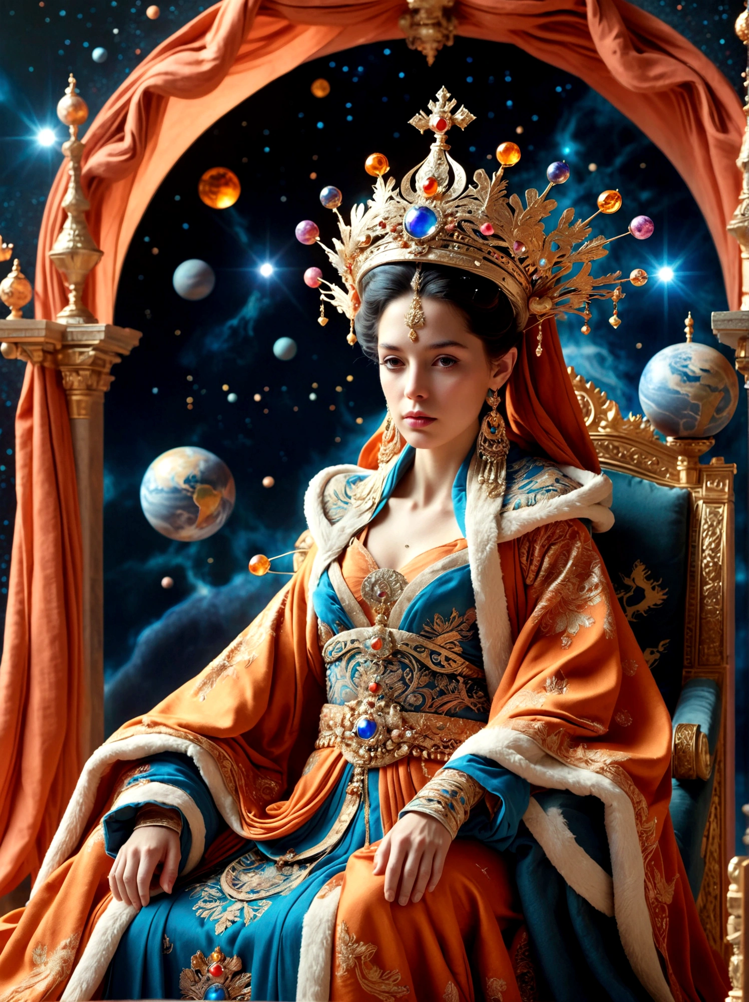 (Reine dans la mythologie:1.3)，Une figure royale dans une robe somptueuse, orné d&#39;une grande couronne, est assis sur un trône, Le décor est surnaturel et surréaliste, situé dans la vaste étendue de l&#39;espace, La figurine est perchée sur une planète miniature entièrement enveloppée par le riche tissu de la robe., reflétant un élément d&#39;extravagance royale
