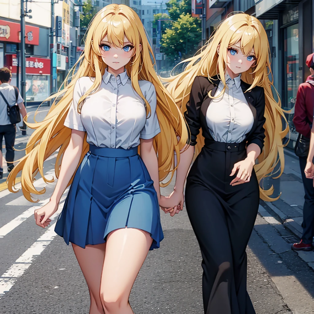 Masterpiece, Best Quality, 8K, Photographic Reality, Realistic, Octane Rendering, Bustling Urban Streets of Japan (1 Woman: 1.4), (Only One Woman on the Screen: 1.3), (White Shirt), (Long Golden Hair), (Hip Wrapped Skirt), (Blue Eyes) Upper Body Display