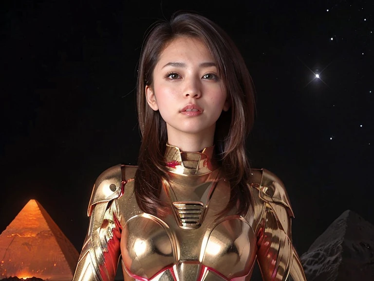 (RAW Photos, Highest quality), (Realistic, Photorealistic:1.3), 1 Girl、Realisticbody、Red and gold battle suit、Pyramid-shaped UFO from outer space、Laser light、look up