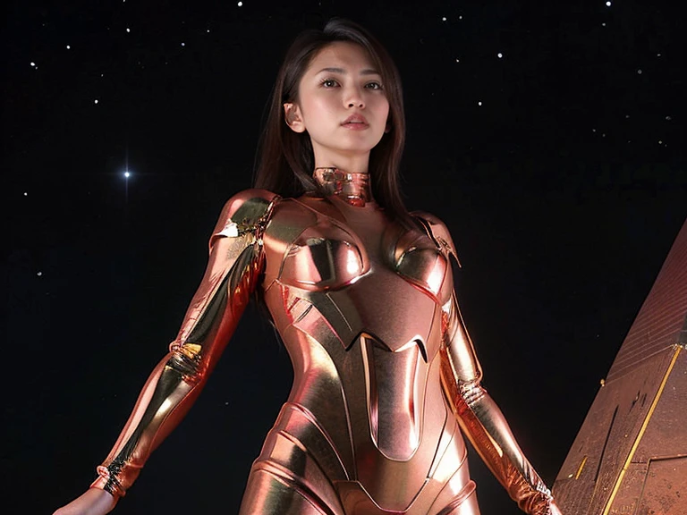 (RAW Photos, Highest quality), (Realistic, Photorealistic:1.3), 1 Girl、Realisticbody、Red and gold battle suit、Pyramid-shaped UFO from outer space、Laser light、look up