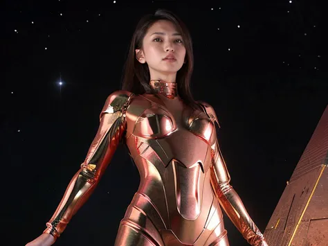 (RAW Photos, Highest quality), (Realistic, Photorealistic:1.3), 1 Girl、Realisticbody、Red and gold battle suit、Pyramid-shaped UFO...