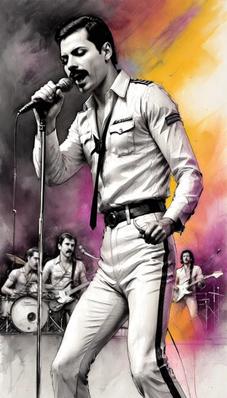High Resolution, High Quality , Masterpiece Freddie Mercury commanding the stage with Queen band, charcoal and ink sketch style inspired by Richard Phillips, amplified to an impressive digital painting, dynamic composition, rock ambiance, detailed background suggesting a lively concert setting, accent lighting zigzagging across the front row, contrasting colors enriching the scene, enhanced with a watercolor wash, sharp focus capturing the raw energy, intricate details rivaling a studio photo, overall quality worthy 