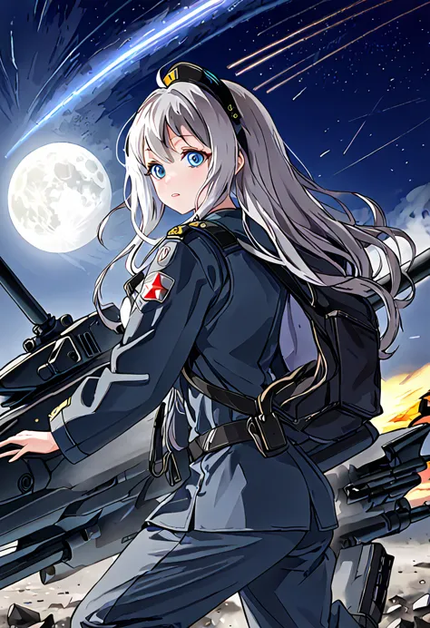 Facing forward　girl　Military uniforms with a white base and some black　Spectacular Background　A shooting star is falling　Beautif...