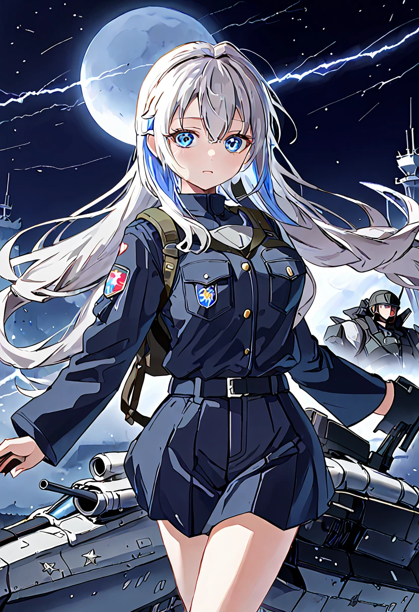 Facing forward　girl　Military uniforms with a white base and some black　Spectacular Background　A shooting star is falling　Beautiful night view　　　She is on the right　On the left you can see the destroyed city.　He has a gun　　　服にはplaneが描かれています　背景の上部にはFighterが飛んでいます　White Moon　blue eyes　　There is one person　blue and long hair　wearing a military cap　war　I'm wearing pants　Precision　masterpiece　girlにクローズアップ　girlを正面から見ています　Straight Rare　soldier　battlefield　{超Precision} Satanic　Terrified face　A few tears in the eyes　Scared　Anime Style　 {war} {Gunfight} {Fighterの擬人化} Fighter　tank　Battleship　plane　Thunder Day　Mechanical Man　宇宙Battleshipヤマトの武装をつけています　A dignified expression　F-16Fighterの翼を背中につけています