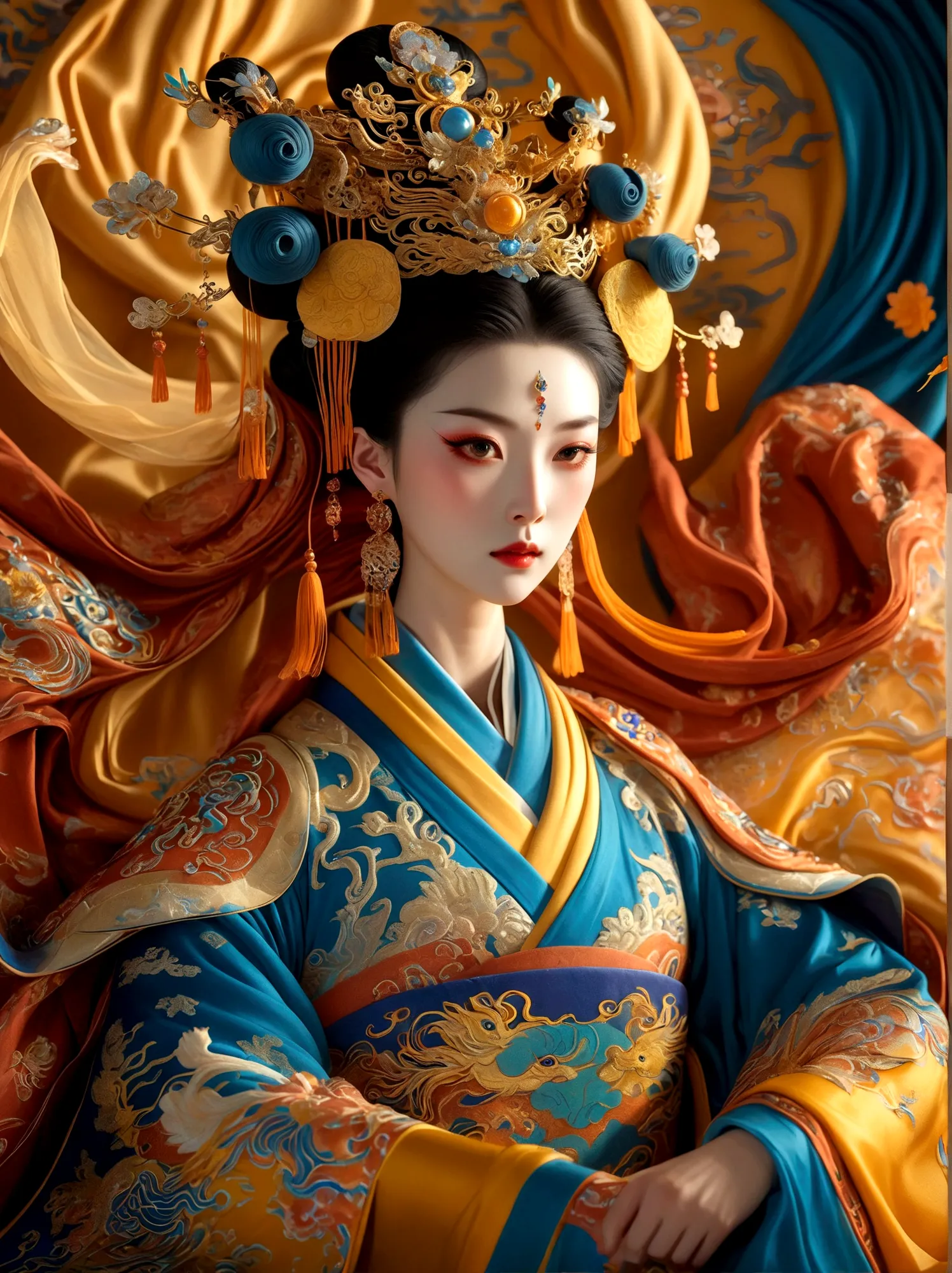 (empress wu zetian of the tang dynasty of china:1.3)，a royal figure in a lavish robe, adorned with a large crown, is seated on a...