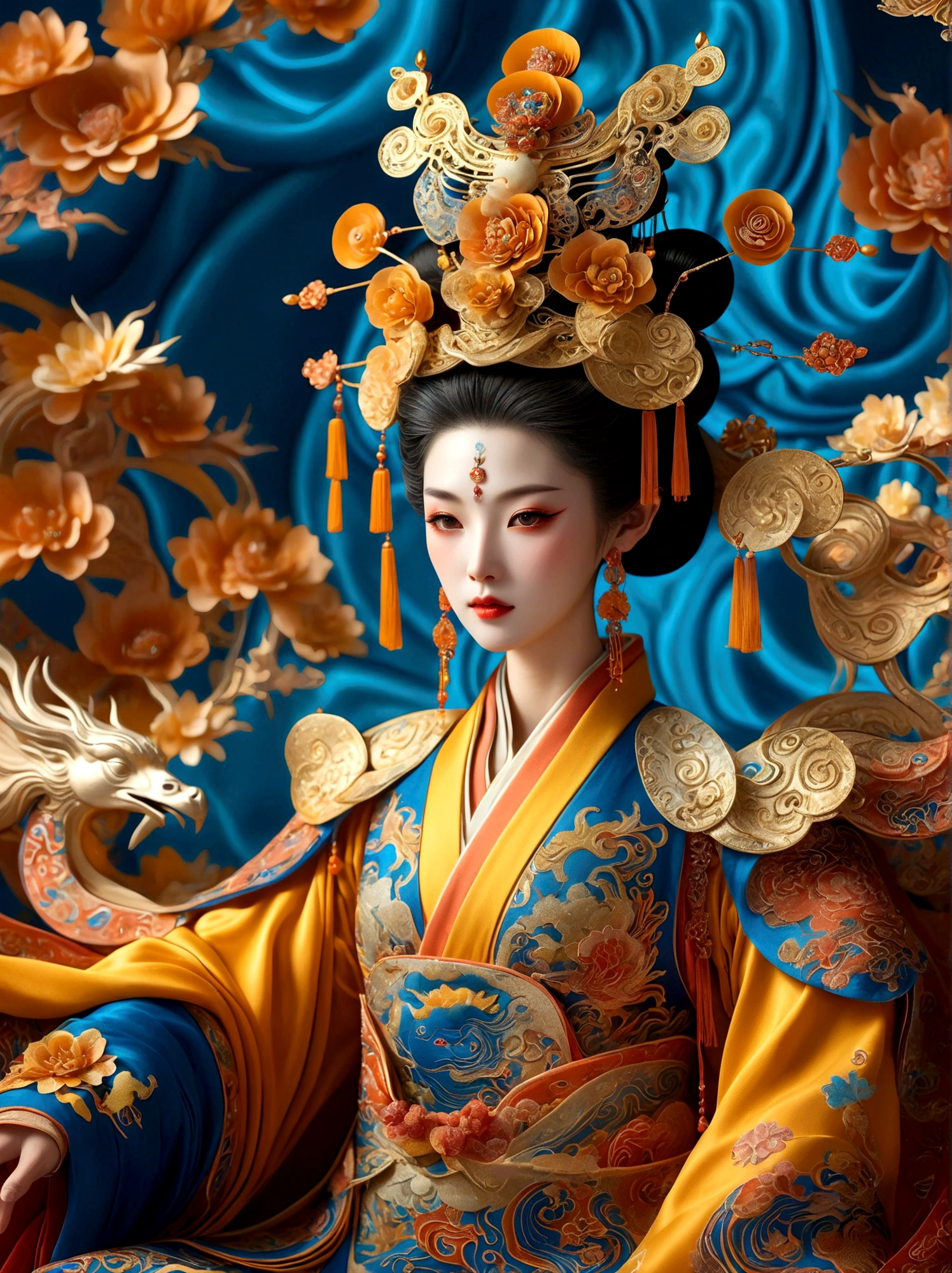 (Impératrice Wu Zetian de la dynastie Tang de Chine:1.3)，Une figure royale dans une robe somptueuse, orné d&#39;une grande couronne, est assis sur un trône, Le décor est surnaturel et surréaliste, situé dans la vaste étendue de l&#39;espace, La figurine est perchée sur une planète miniature entièrement enveloppée par le riche tissu de la robe., reflétant un élément d&#39;extravagance royale