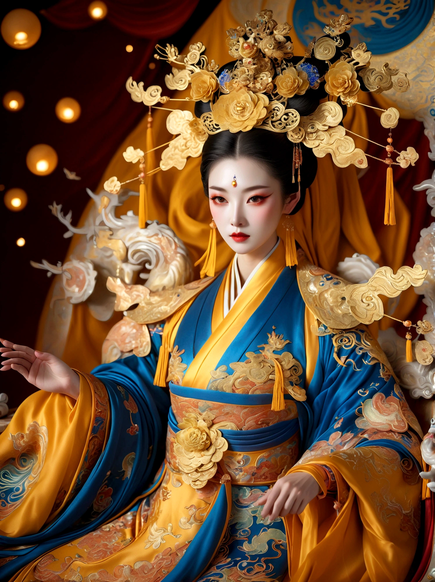 (Empress Wu Zetian of the Tang Dynasty of China:1.3)，A royal figure in a lavish robe, adorned with a large crown, is seated on a throne, The setting is otherworldly and surreal, located in the vast expanse of space, The figure is perched on a miniature planet that's enveloped entirely by the rich fabric of the robe, reflecting an element of royal extravagance