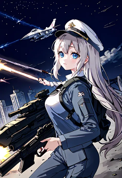 Facing forward　girl　Military uniforms with a white base and some black　Spectacular Background　A shooting star is falling　Beautif...