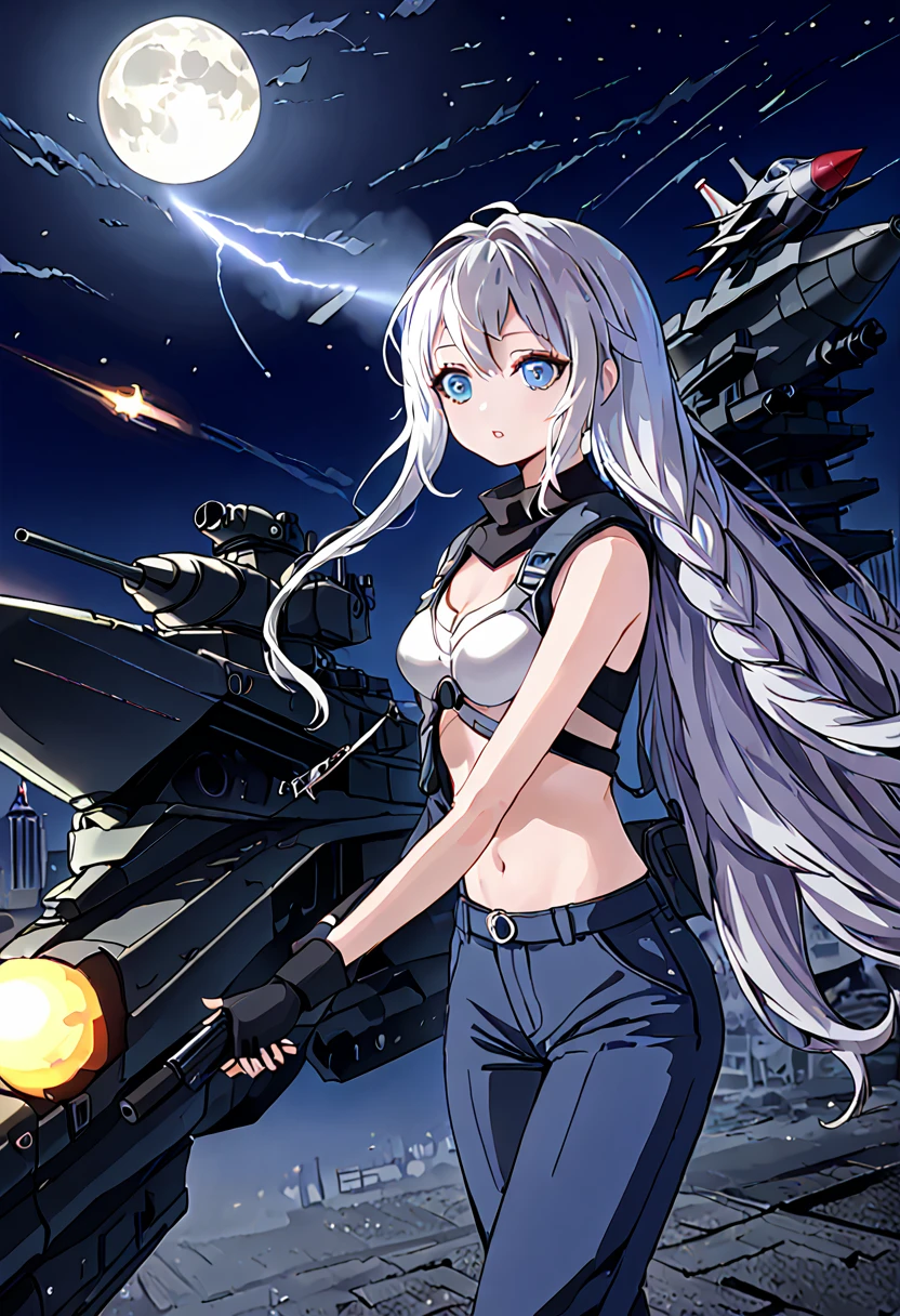 Facing forward　girl　Military uniforms with a white base and some black　Spectacular Background　A shooting star is falling　Beautiful night view　　　She is on the right　On the left you can see the destroyed city.　He has a gun　　　服にはplaneが描かれています　背景の上部にはFighterが飛んでいます　White Moon　blue eyes　　There is one person　blue and long hair　wearing a military cap　war　I'm wearing pants　Precision　masterpiece　girlにクローズアップ　girlを正面から見ています　Straight Rare　soldier　battlefield　{超Precision} Satanic　Terrified face　A few tears in the eyes　Scared　Anime Style　 {war} {Gunfight} {Fighterの擬人化} Fighter　tank　Battleship　plane　Thunder Day　Mechanical Man　宇宙Battleshipヤマトの武装をつけています　A dignified expression　F-16Fighterの翼を背中につけています　bombing　