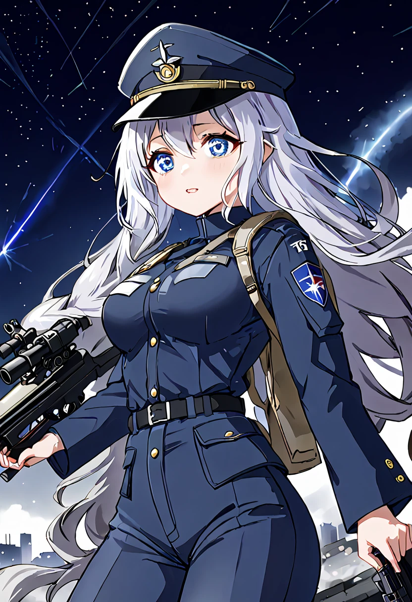 Facing forward　girl　Military uniforms with a white base and some black　Spectacular Background　A shooting star is falling　Beautiful night view　　　She is on the right　On the left you can see the destroyed city.　He has a gun　　　服にはplaneが描かれています　背景の上部にはFighterが飛んでいます　White Moon　blue eyes　　There is one person　blue and long hair　wearing a military cap　war　I'm wearing pants　Precision　masterpiece　girlにクローズアップ　girlを正面から見ています　Straight Rare　soldier　battlefield　{超Precision} Satanic　Terrified face　A few tears in the eyes　Scared　Anime Style　 {war} {Gunfight} {Fighterの擬人化} Fighter　tank　Battleship　plane　Thunder Day　Mechanical Man　宇宙Battleshipヤマトの武装をつけています　A dignified expression　F-16Fighterの翼を背中につけています　bombing　