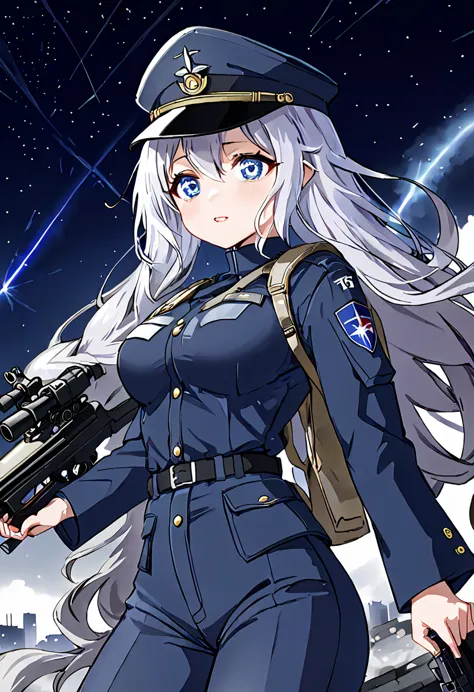 Facing forward　girl　Military uniforms with a white base and some black　Spectacular Background　A shooting star is falling　Beautif...