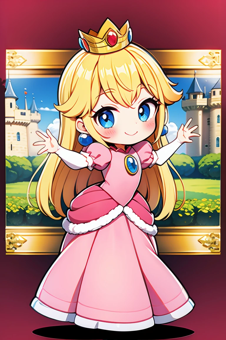 Princesse Peach, Une fille, blond, Mignon, heureux, Joli sourire, jeune, lumière du soleil éblouissante, Image du corps entier, Sont debout, danse, (chef-d&#39;œuvre:1.2), Meilleure qualité, chef-d&#39;œuvre, qualité supérieure, regarder le spectateur, château, château gate, les yeux brillants, rougir, champignon, Robe rose