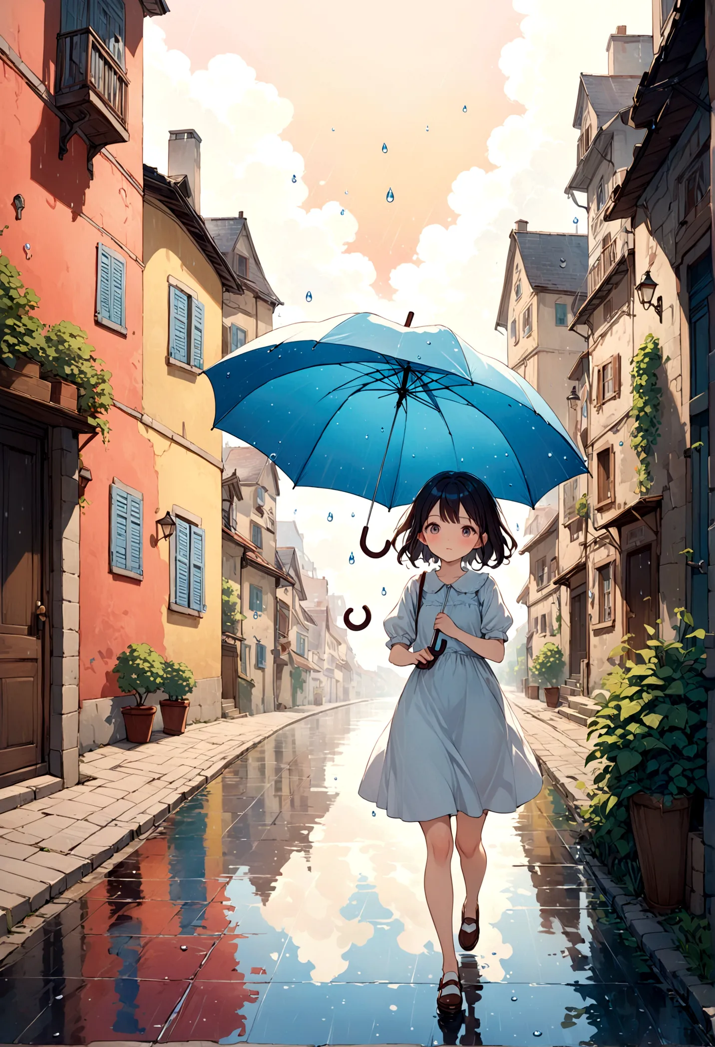 landscape,Street corner on a rainy day, A landscape like something out of a picture book,Emotional, 20yo, Girl is walking,BREAK,...