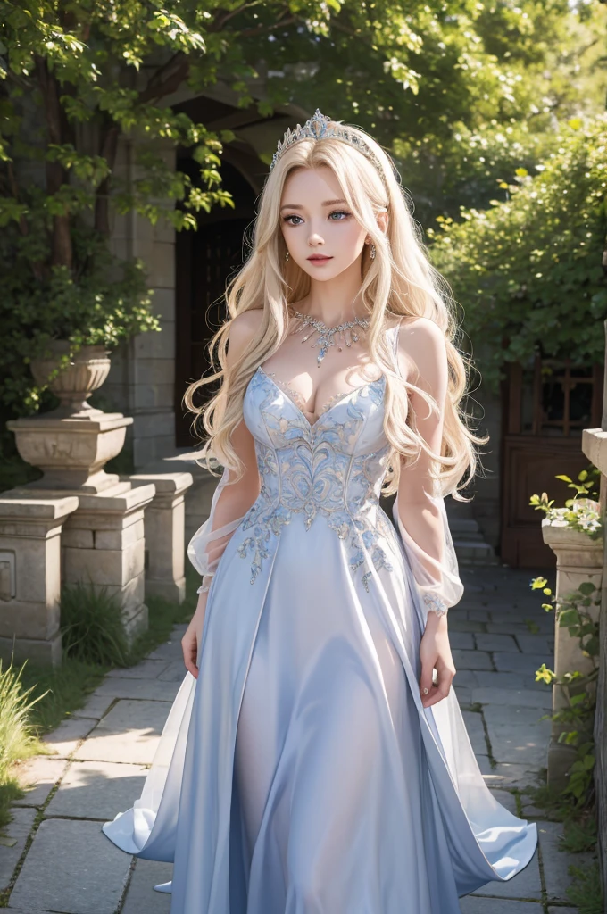 masterpiece, highres, high detailed,  intricate details, depth of field, 1 girl, queen, royal crown, Coronation Gown, queen dress, Evening Gown, outdoor background. The background is a luxurious castle, mildly clouds, best sunlight. There are 2 long flower beds besides the path, queen is standing on the path. Her face is gorgeous, beautiful, confident. She wears a lot of luxury jelweries. She has blue eyes, platinum blonde long shining hair and hols her gown. Behind her is the castle. 