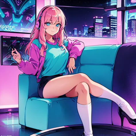 (masterpiece), highest quality, expressive eyes, neon pastel aesthetics, retro 90s, neon color,((girl sitting on sofa,in a cozy ...