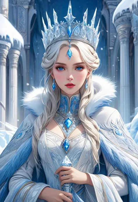 
               An extremely detailed close-up of a beautiful and elegant queen ruler of a world of ice and snow wearing a crown...
