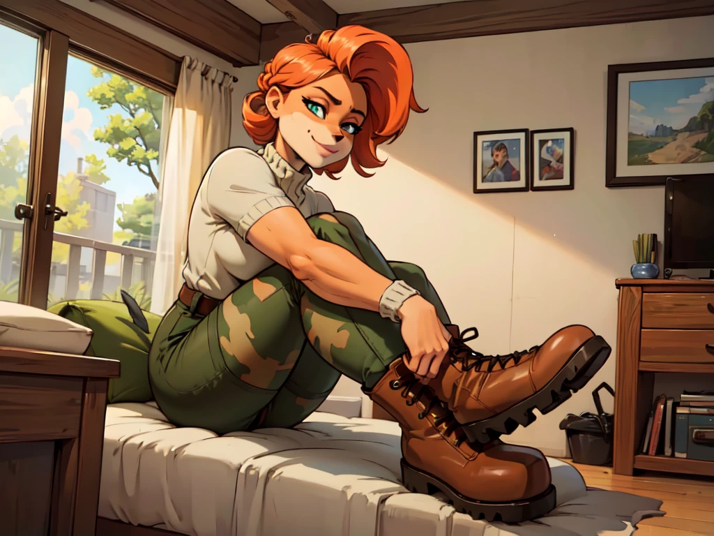 (best quality,4k,8k,highres,masterpiece:1.2),ultra-detailed,realistic:1.37,portrait,anthro bandicoot girl redhead, braided hair, beautiful green eyes, relaxing moment, sexy ,seductive, warm sweater, camouflage pants, army boots, smirking, cozy lighting, vibrant colors , girl anthro , sweater, camouflage pants, army boots, hands to boots