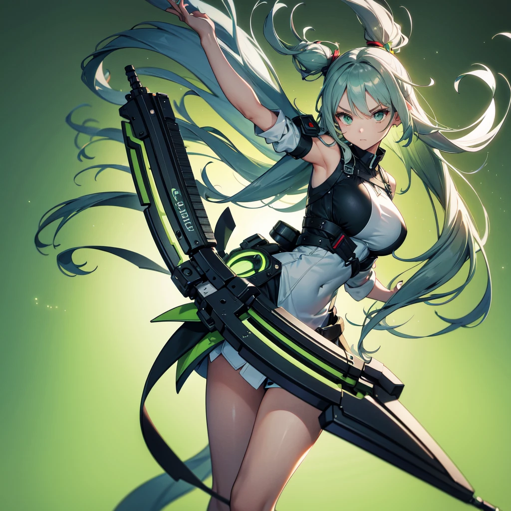 1girl、Dynamic composition、((Perspective Lens, Gray hair and light green gradient hair color, Long Hair、 A dynamic pose with a serious and determined expression, Holding a large crossbow and pulling it towards the viewer )) 、((Pure Green Background:1.2)),Looks like she&#39;s in her early 20s,Shooting in mid-motion,With her long braided hair fluttering. Her outfit is reminiscent of cyberpunk.,Black and lime green color palette,And she&#39;s casually throwing money around,Be playful、Super huge、whole body、detailed、crossbow