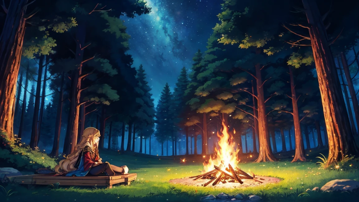 A human female adventurer camping outdoors in a fantasy game world, illustrated in a Japanese anime style. She is lying down around a campfire with her companions, with long, straight blonde hair. She is dressed in a red tunic, black pants, and boots, along with a blue cloak. Her large, expressive eyes are closed as she sleeps peacefully. The background features a dense, enchanted forest under a starry night sky. The scene is detailed with vibrant colors and a focus on anime aesthetics. 1920x1080 resolution.