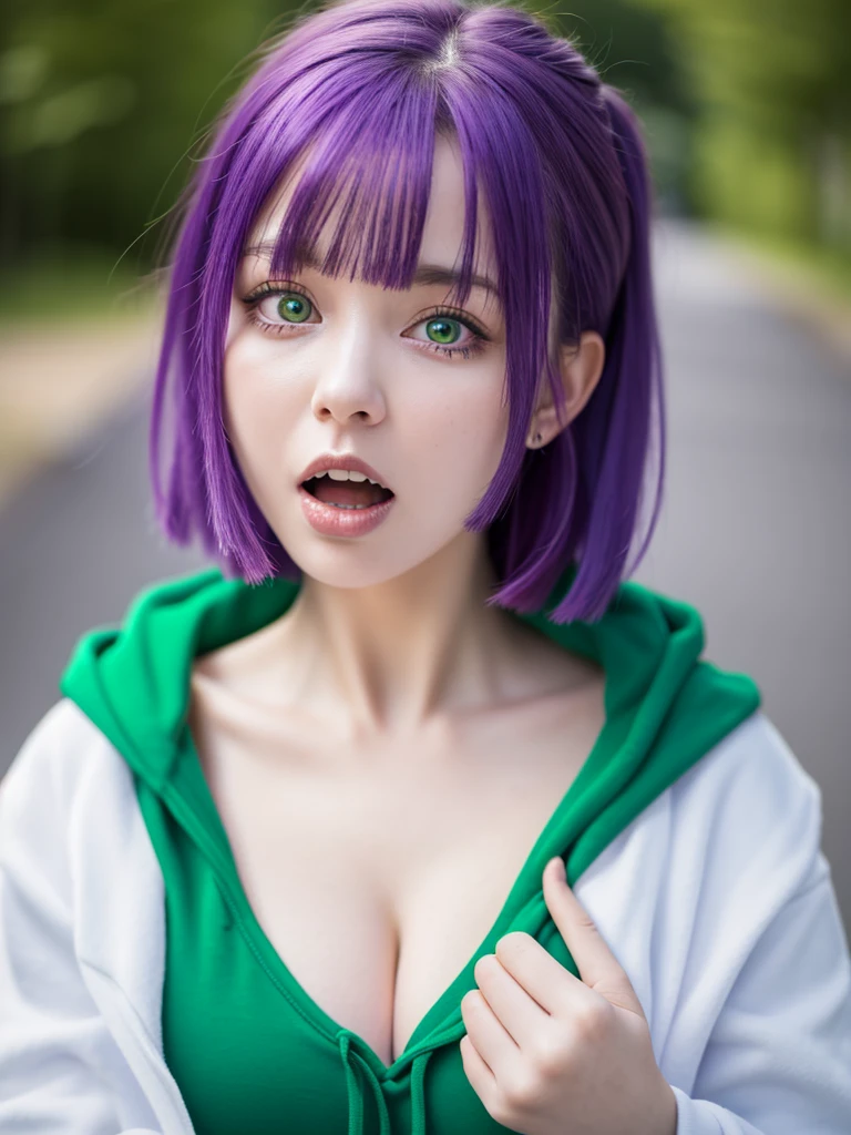 highest quality, Highest quality, masterpiece, Ultra-high resolution, Raw photo, A photo-realistic, 26-year-old woman, (open mouth:1.0), purple hair, pixie hair, (light hoody:0.8), green eyes, (cleavage:0.5), standing, upper-body,