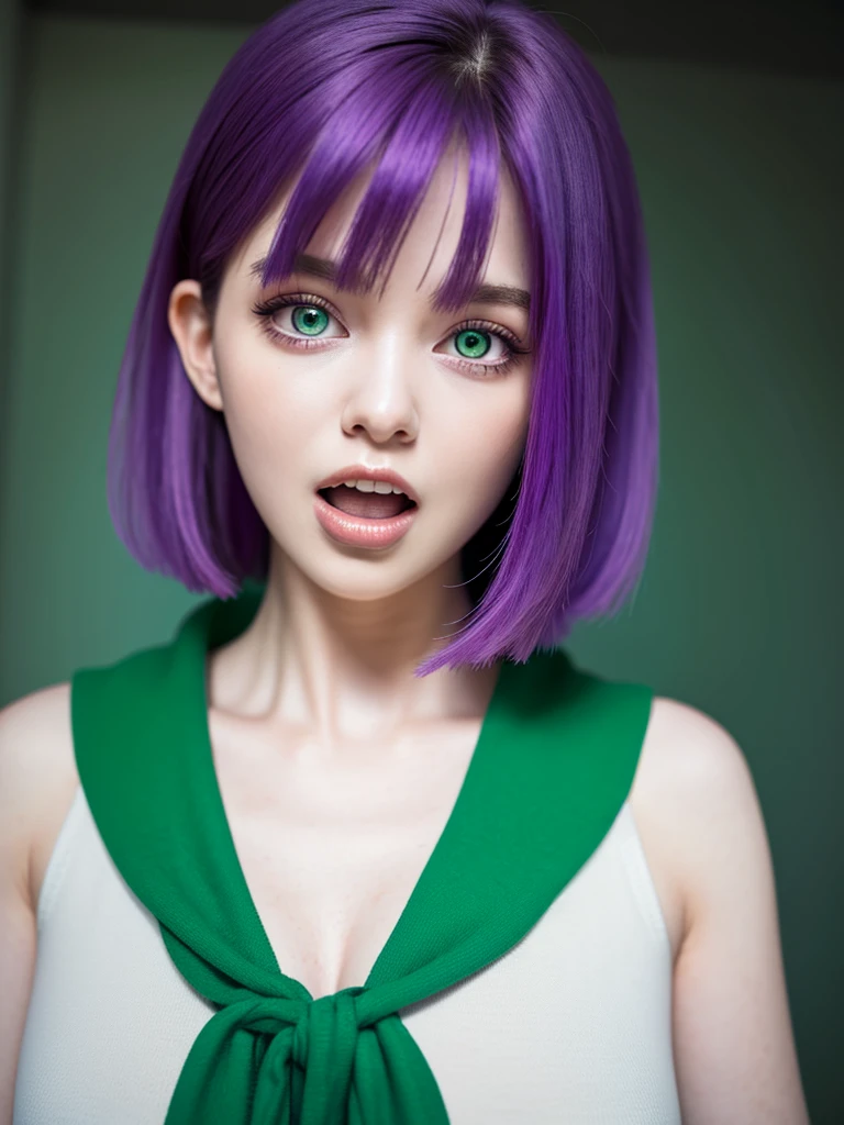 highest quality, Highest quality, masterpiece, Ultra-high resolution, Raw photo, A photo-realistic, 2 woman, (open mouth:1.0), purple hair, pixie hair, (light hoody:0.8), green eyes, (cleavage:0.5), standing, upper-body,