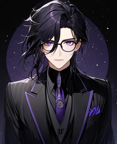 (black_hair), (dark_purple_eyes), (detailed_eyes), (attractive), (emotionless), (dark_space_background), (male), (wearing _a_bla...