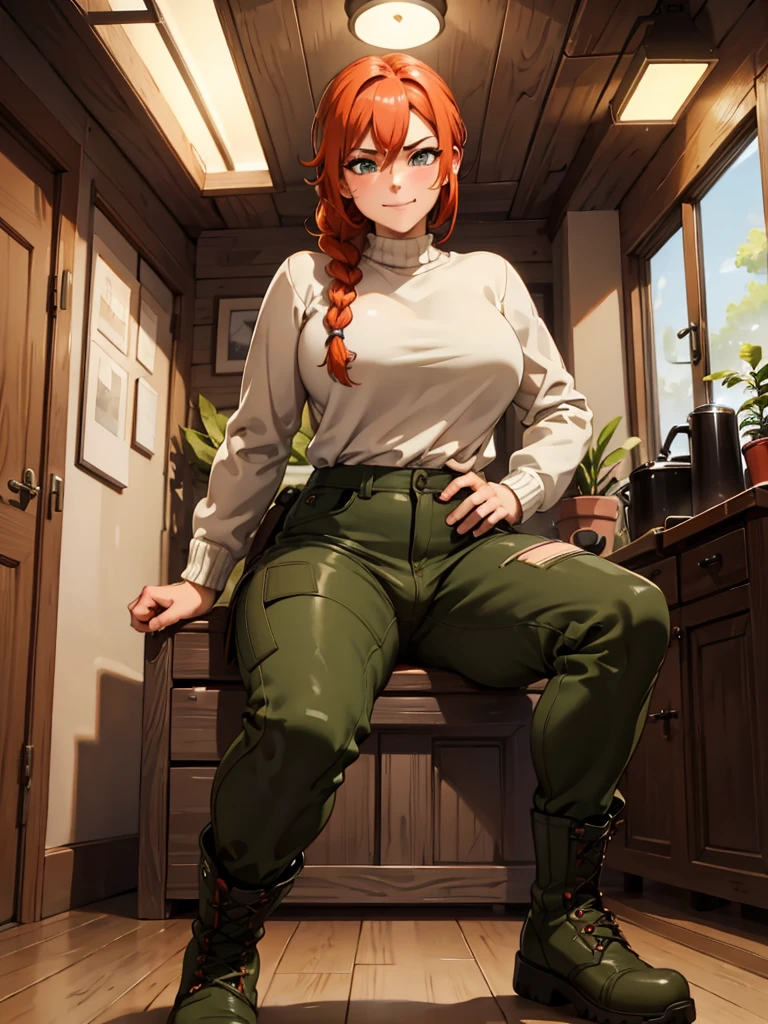 (best quality,4k,8k,highres,masterpiece:1.2),ultra-detailed,realistic:1.37,portrait, anthro very sexy bandicoot  girl lesbian redhead, braided hair, beautiful green eyes, seductive, warm sweater, camouflage pants, army boots, smirking, cozy lighting, vibrant colors. Futanari, lewd,    night, crotesc , penis, 