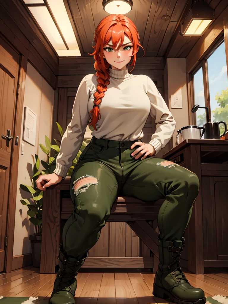 (best quality,4k,8k,highres,masterpiece:1.2),ultra-detailed,realistic:1.37,portrait, anthro very sexy bandicoot  girl lesbian redhead, braided hair, beautiful green eyes, seductive, warm sweater, camouflage pants, army boots, smirking, cozy lighting, vibrant colors. Futanari, lewd,    night, crotesc , penis, 