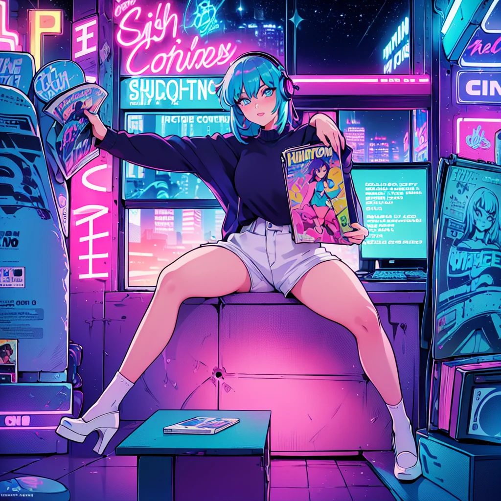 (masterpiece), Highest quality, Expressive eyes, Neon pastel aesthetics, Retro 90s, Neon color,((Girl sitting on sofa,In a cozy room,Records hanging on her wall, Comic books on the floor, Looking out the window behind her at the night city, Upholstered room, Anime figures lined up on a shelf)), Wearing headphones, (All around her it sparkles), (Wearing high socks and heels), (blue eyes), (Soft look), (Synthwave Art Style), Colorful Hair, Desk with PC set up