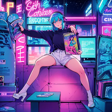 (masterpiece), highest quality, expressive eyes, neon pastel aesthetics, retro 90s, neon color,((girl sitting on sofa,in a cozy ...