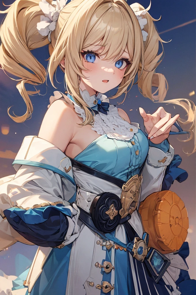 1fille, cheveux blond, yeux bleus, percer les cheveux twintail, Fond d&#39;été, Mode de style Harajuku, taille haute, joyeux