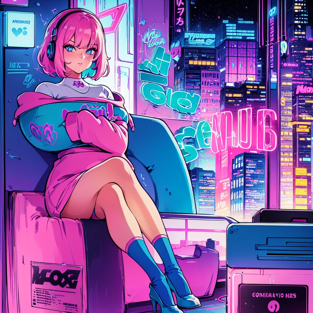 (masterpiece), Highest quality, Expressive eyes, Neon pastel aesthetics, Retro 90s, Neon color,((Girl sitting on sofa,In a cozy room,Records hanging on her wall, Comic books on the floor, Looking out the window behind her at the night city, Upholstered room, Anime figures lined up on a shelf)), Wearing headphones, (All around her it sparkles), (Wearing high socks and heels), (blue eyes), (Soft look), (Synthwave Art Style), Colorful Hair, Desk with PC set up