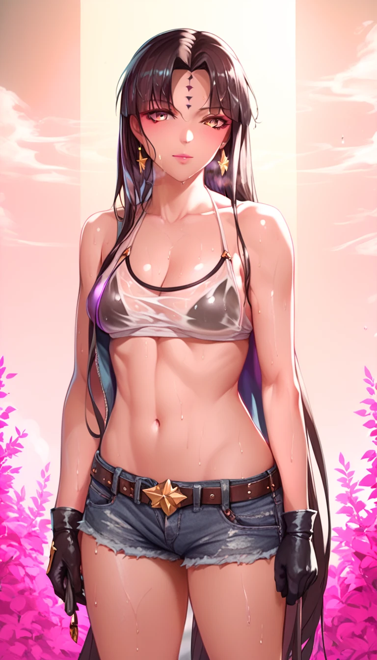 score_9, score_8_up, score_7_up, score_6_up, uncensored, Michiko_Tanaka, absurdly long hair, golden eyes, black hair, very long hair, parted bangs, forehead mark, lips, shiny skin, sweating, wet, wet hair, steaming body, heavy breathing, (small breasts:1.3), BREAK (masterpiece:1.2), best quality, high resolution, unity 8k wallpaper, (illustration:0.8), (detailed eyes:1.3), perfect lighting, extremely detailed CG, (perfect hands, perfect anatomy), 1girl, breasts, navel, solo, shorts, gloves, cloud, flower, belt, looking_at_viewer, cutoffs, earrings, jewelry, short_shorts, jacket, collarbone, smoke, black_gloves, cleavage, outdoors, stomach, standing, swimsuit, 