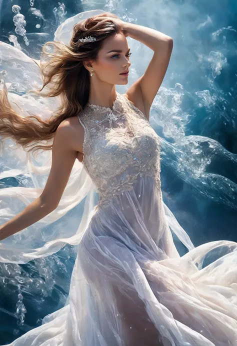 beautfull woman, dynamic pose, Smooth Movement, (water, white dress with water pearls, stream of water, controlling water:1.2), ...