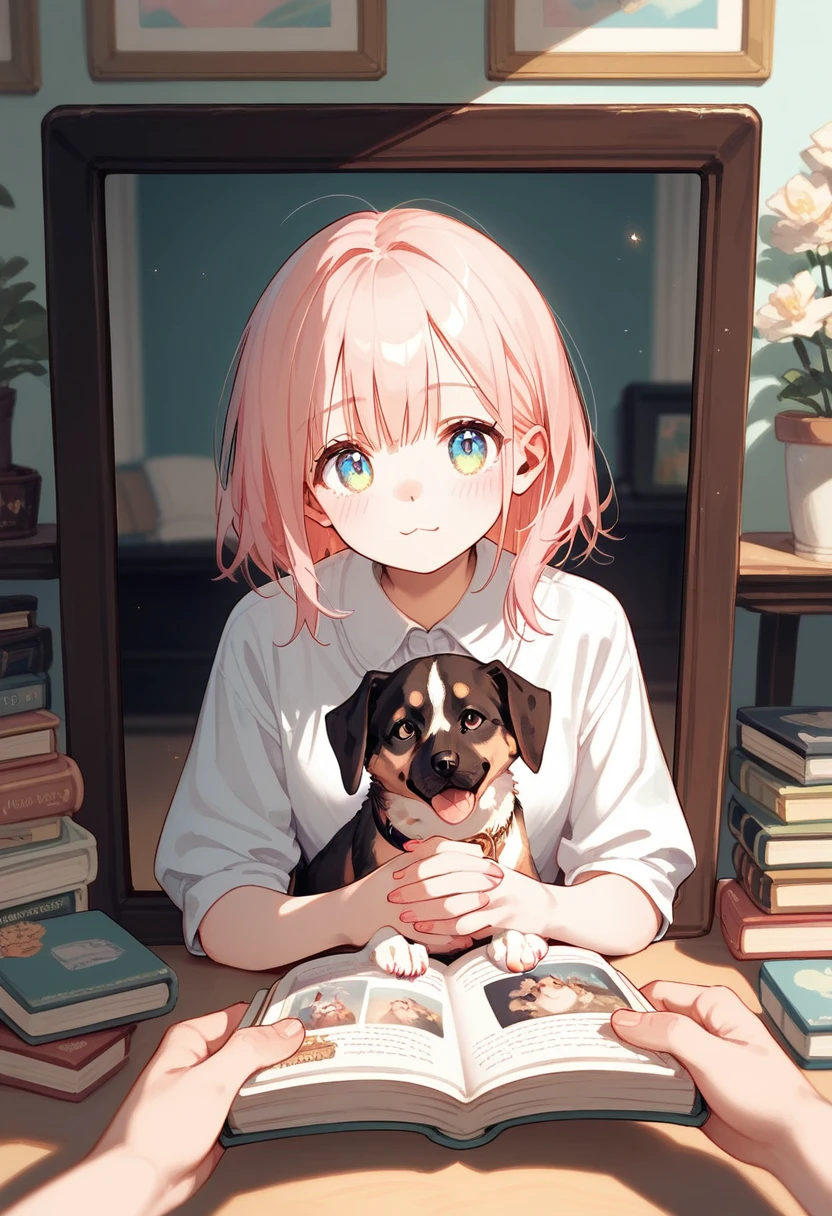 score_9, score_8_up, score_7_up, score_6_up, score_5_up, score_4_up, dog, cat and girl playing together, cute picture book-like illustration style, pastel and vivid color effect