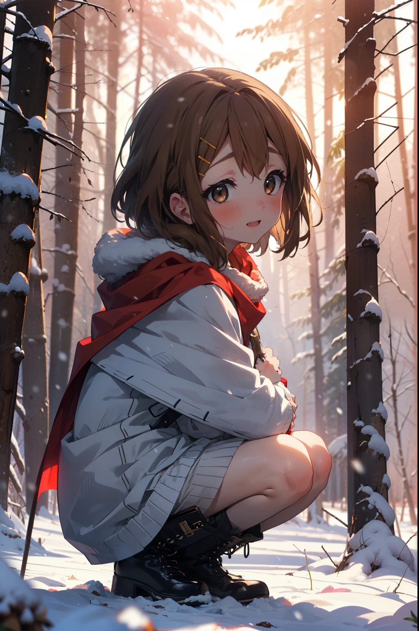 yuihirasawa, Yui Hirasawa, short hair, Brown Hair, hair ornaments, (Brown eyes:1.5), Hair Clip、smile,smile,blush,White Breath,
Open your mouth,snow,Ground bonfire,, Outdoor, boots, snowing, From the side, wood, suitcase, Cape, Blurred, , forest, White handbag, nature,  Squat, Mouth closed, Cape, winter, Written boundary depth, Black shoes, red Cape break looking at viewer, Upper Body, whole body, break Outdoor, forest, nature, break (masterpiece:1.2), Highest quality, High resolution, unity 8k wallpaper, (shape:0.8), (Beautiful and beautiful eyes:1.6), Highly detailed face, Perfect lighting, Highly detailed CG, (Perfect hands, Perfect Anatomy),