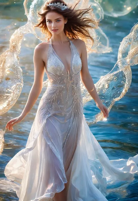 beautfull woman, dynamic pose, Smooth Movement, (water, white dress with water pearls, stream of water, controlling water:1.2), ...
