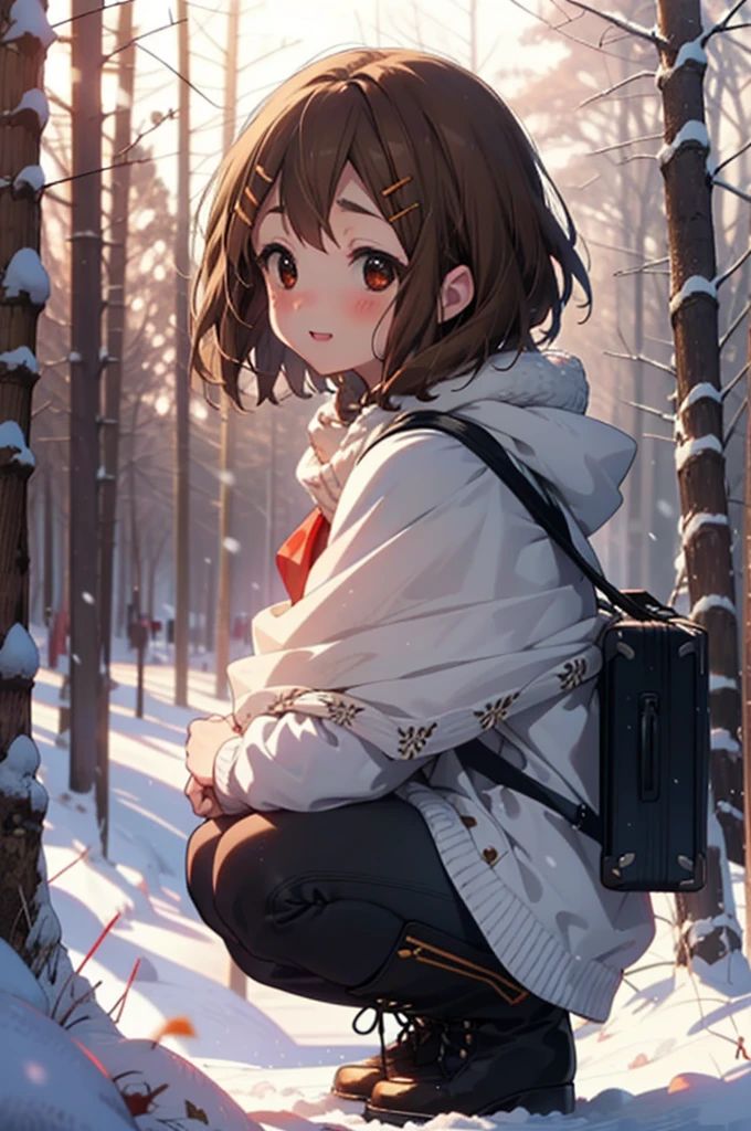 yuihirasawa, Yui Hirasawa, short hair, Brown Hair, hair ornaments, (Brown eyes:1.5), Hair Clip、smile,smile,blush,White Breath,
Open your mouth,snow,Ground bonfire,, Outdoor, boots, snowing, From the side, wood, suitcase, Cape, Blurred, , forest, White handbag, nature,  Squat, Mouth closed, Cape, winter, Written boundary depth, Black shoes, red Cape break looking at viewer, Upper Body, whole body, break Outdoor, forest, nature, break (masterpiece:1.2), Highest quality, High resolution, unity 8k wallpaper, (shape:0.8), (Beautiful and beautiful eyes:1.6), Highly detailed face, Perfect lighting, Highly detailed CG, (Perfect hands, Perfect Anatomy),