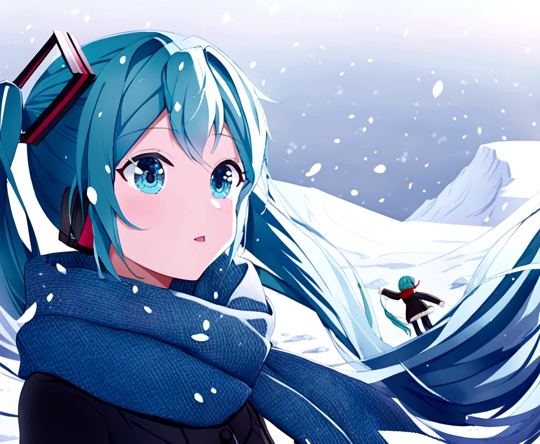 hatsune miku、mature、winter clothes、scarf、white sky、it&#39;s snowing a little