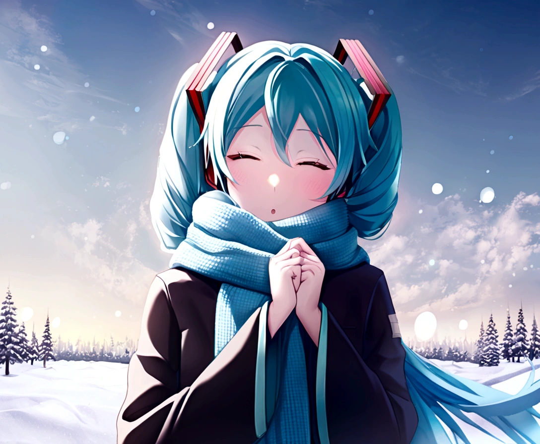 Hatsune Miku、maduro、Roupas de inverno、lenço、céu branco、isto&#39;está nevando um pouco